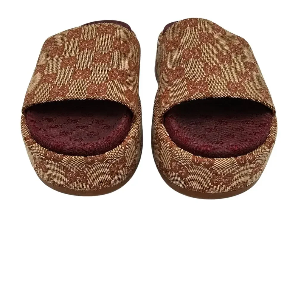 Gucci GG Monogram Angelina Platform Chunky Slide Sandal Size 37 US 7 Brown Beige
